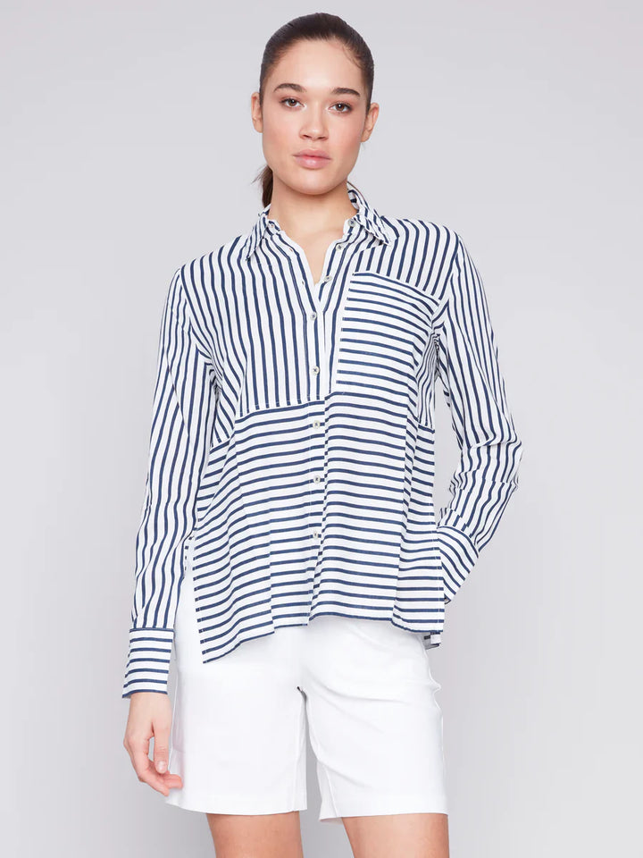 Multi-Stripe Front Pocket Long Sleeve Top