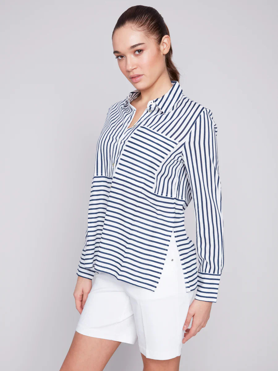 Multi-Stripe Front Pocket Long Sleeve Top