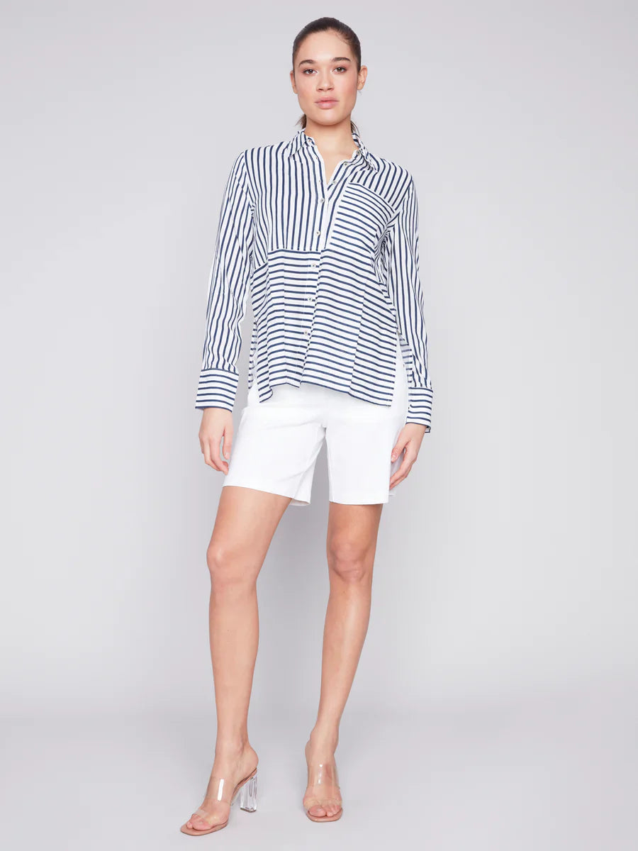 Multi-Stripe Front Pocket Long Sleeve Top