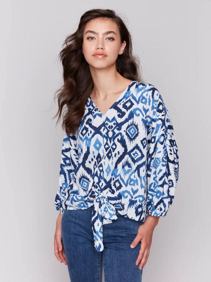 Short Sleeve V-Neck Front-Tie Print Top