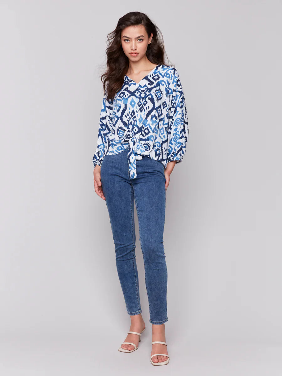 Short Sleeve V-Neck Front-Tie Print Top