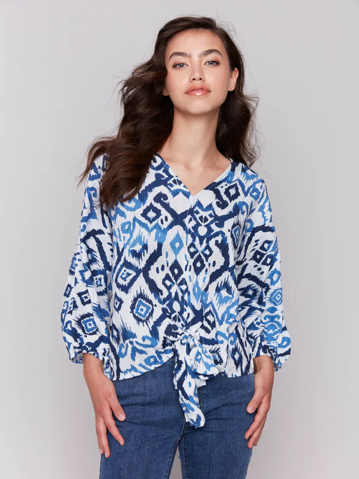 Short Sleeve V-Neck Front-Tie Print Top