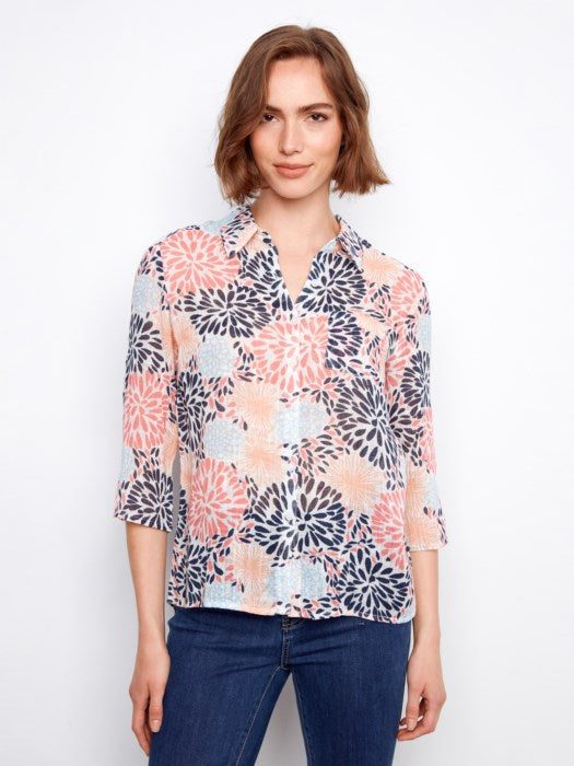 Printed Cotton Gauze Button Up Blouse With Roll-Up Sleeves
