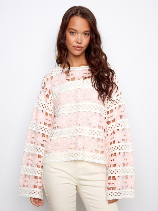 3/4 Bell Sleeve Flower Crochet Top
