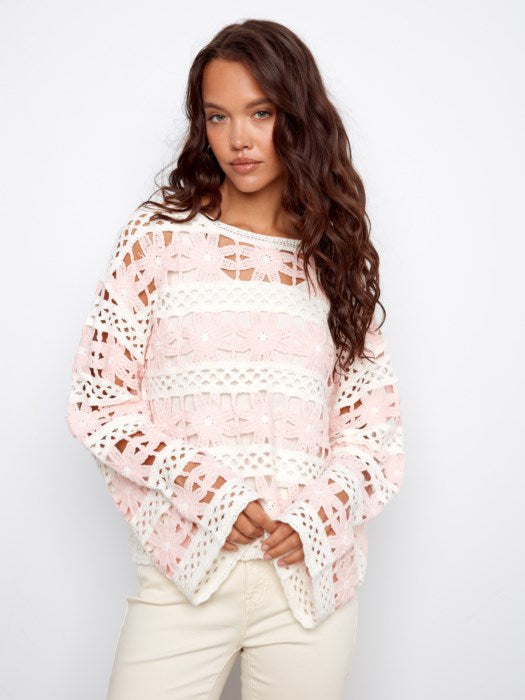 3/4 Bell Sleeve Flower Crochet Top