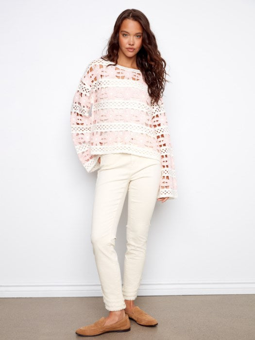 3/4 Bell Sleeve Flower Crochet Top