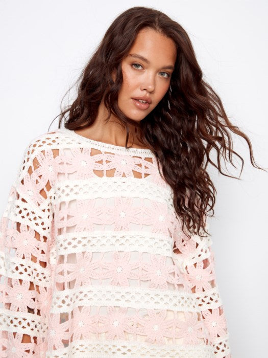 3/4 Bell Sleeve Flower Crochet Top