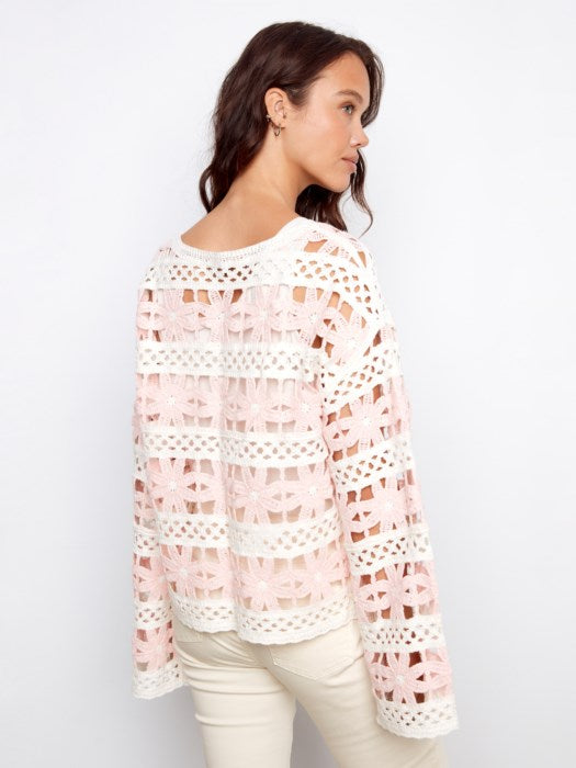 3/4 Bell Sleeve Flower Crochet Top