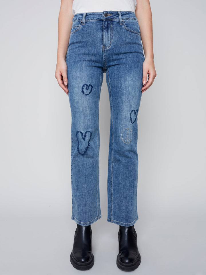 Stretch Flair Leg Heart Print Jean