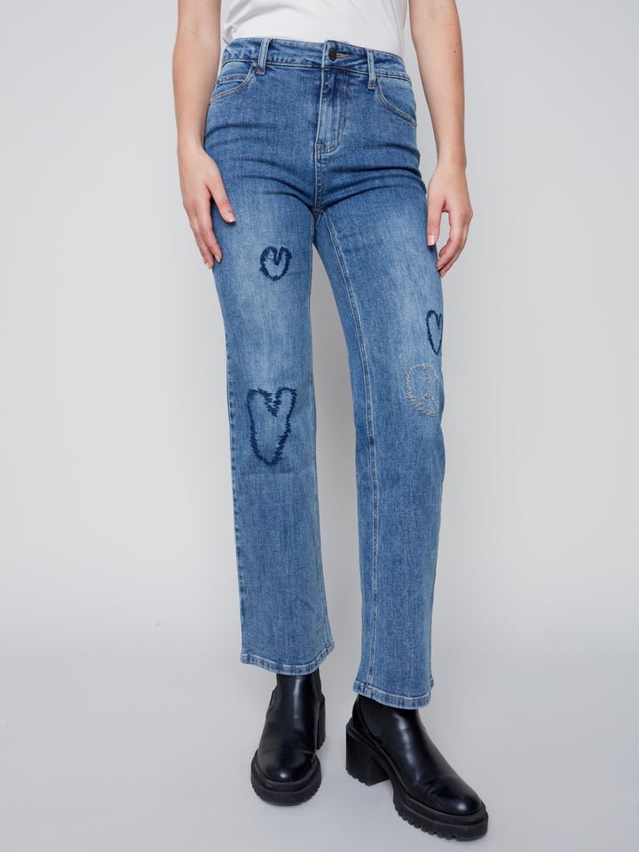 Stretch Flair Leg Heart Print Jean