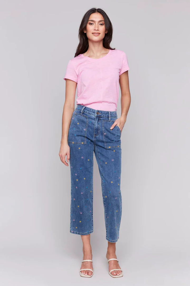 Stretch Denim Flare Leg Print Jean