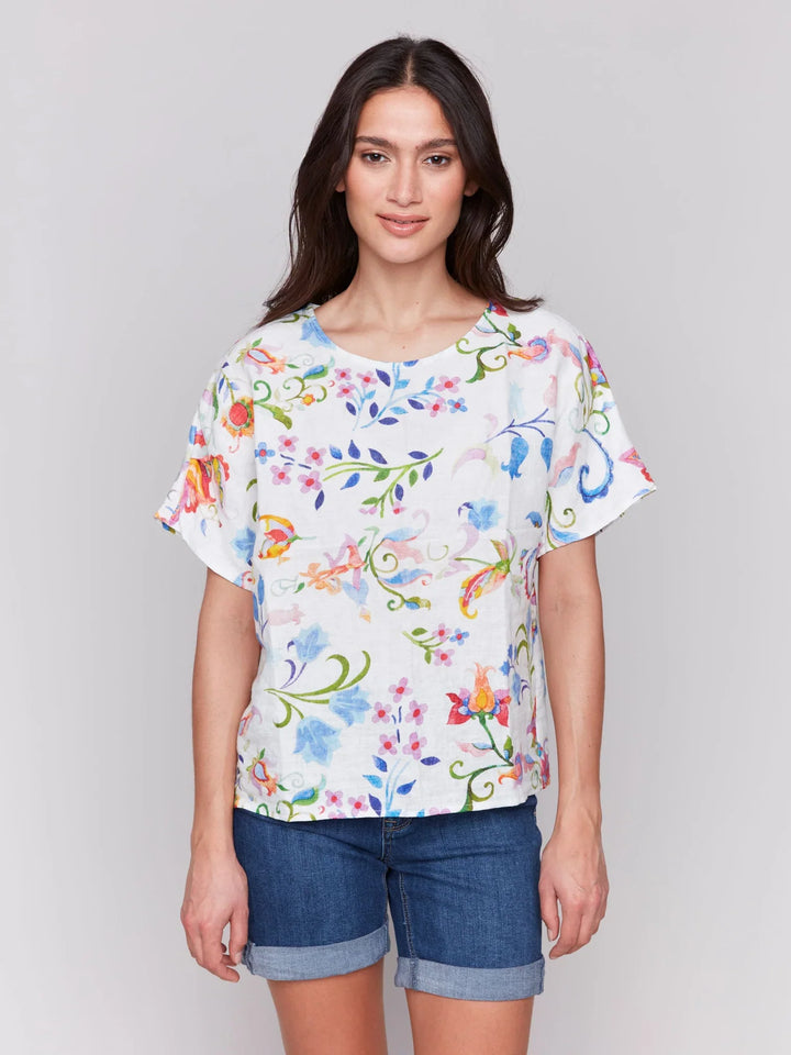 Short Sleeve Printed Linen Top