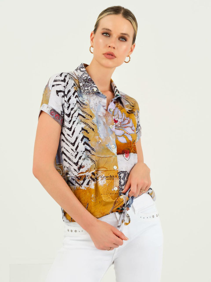 Cap Sleeve Print Button Front Shirt