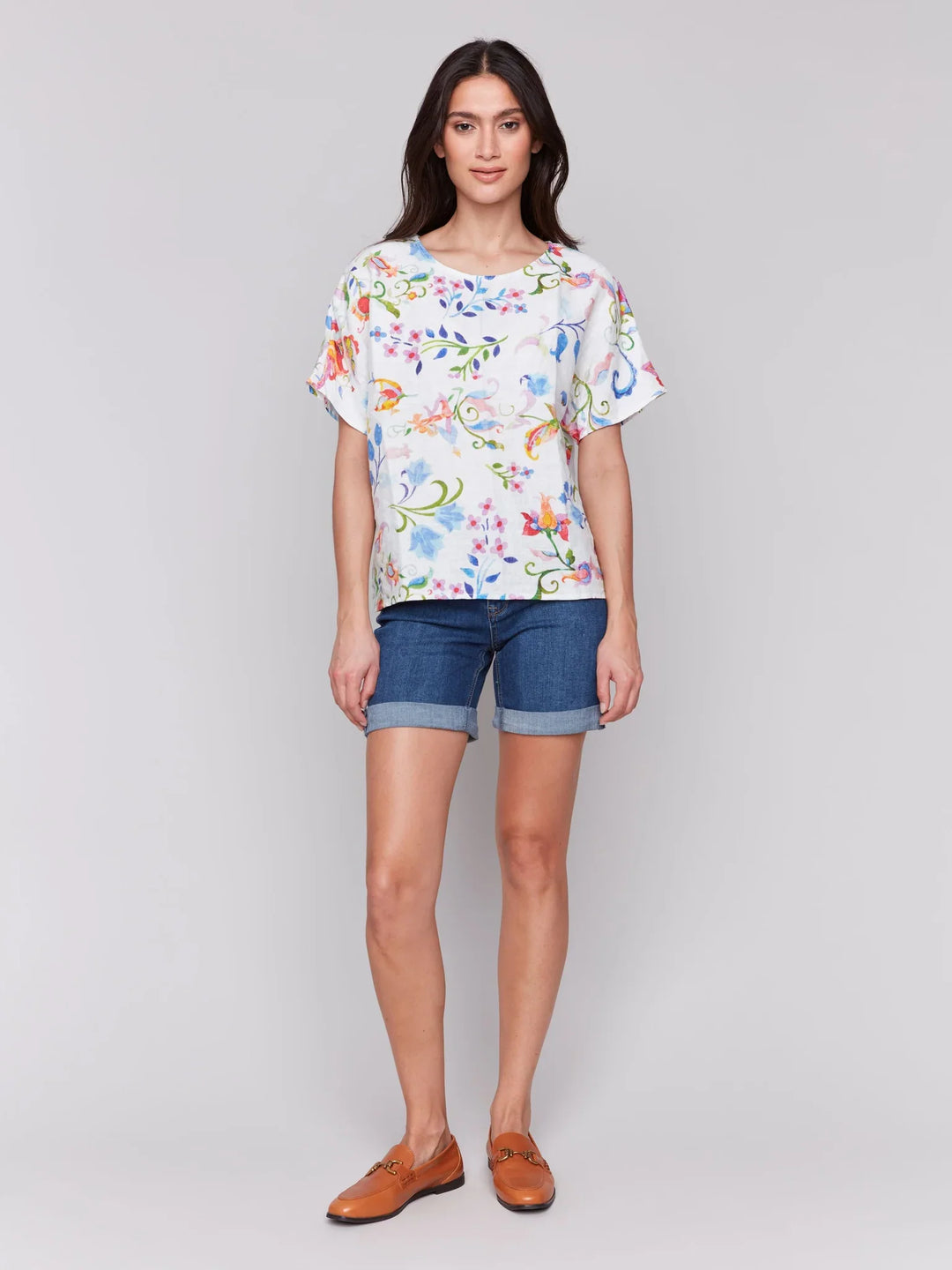 Short Sleeve Printed Linen Top