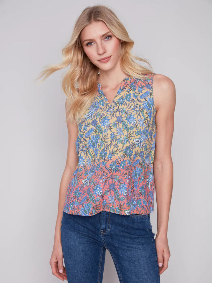 Crinkle Cotton Sleveless V-Neck Top