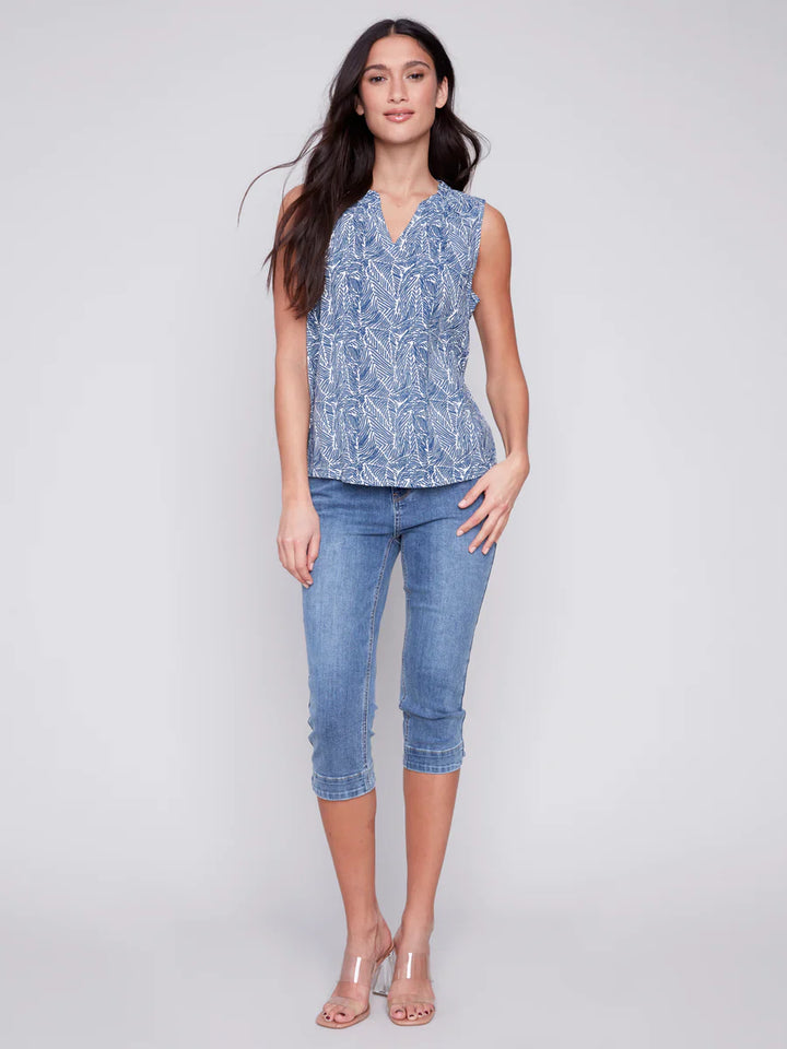 Crinkle Cotton Sleveless V-Neck Top