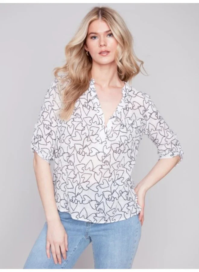 Cotton Gauze Roll Sleeve V-Neck Top