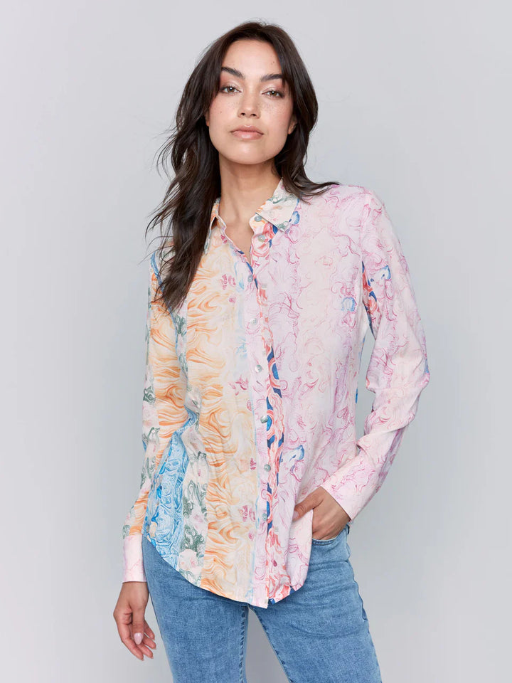 Printed Viscose Long Sleeve Button Up Shirt