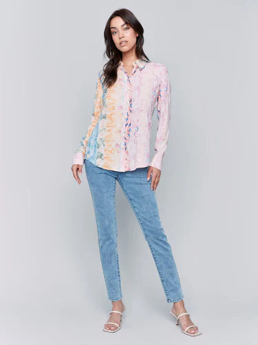 Printed Viscose Long Sleeve Button Up Shirt