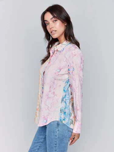 Printed Viscose Long Sleeve Button Up Shirt