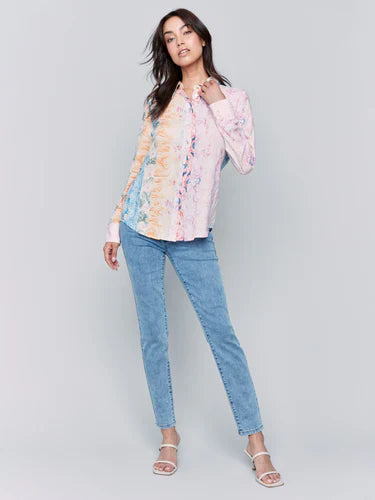 Printed Viscose Long Sleeve Button Up Shirt