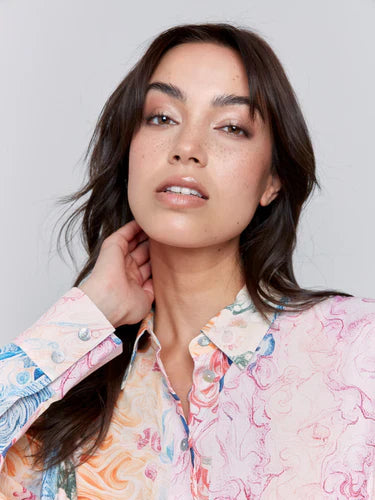 Printed Viscose Long Sleeve Button Up Shirt