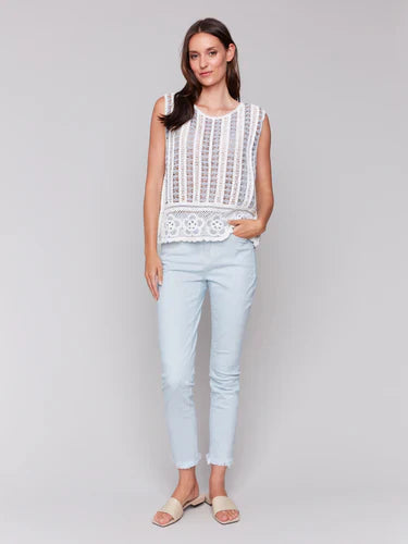 Sleeveless Print Crochet Top Hem Detail