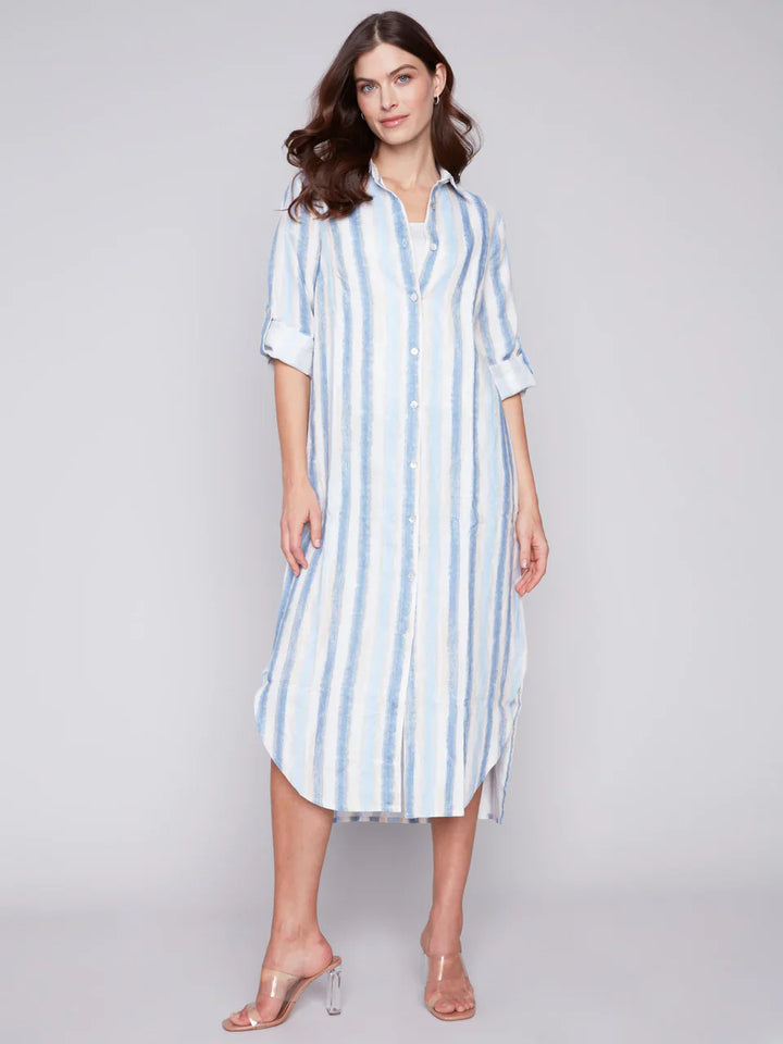 Linen Roll-Sleeve Maxi Shirtdress