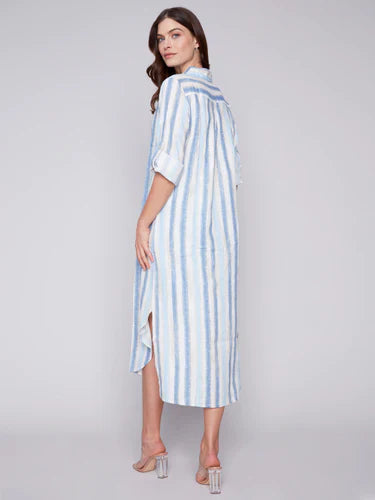 Linen Roll-Sleeve Maxi Shirtdress