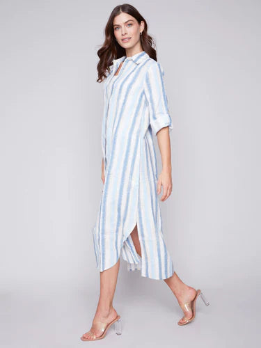 Linen Roll-Sleeve Maxi Shirtdress