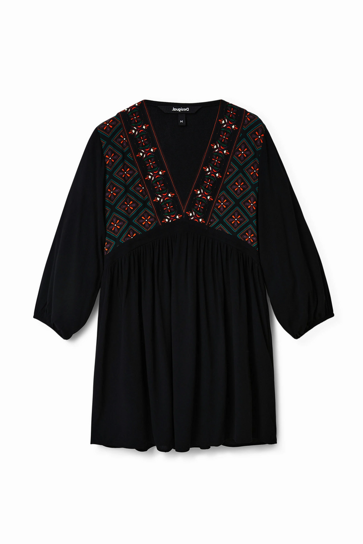 V-Neck Screen Print Peasant Dress