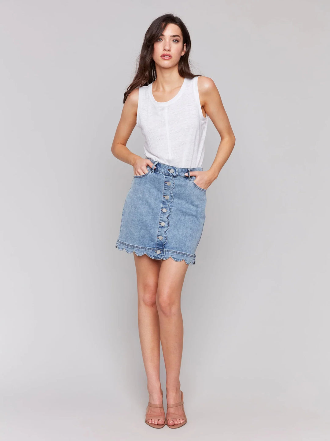 Stretch Denim Skirt With Scallop Hem