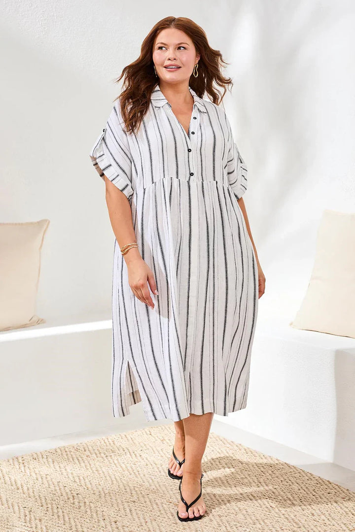 Yarn Dye Stripe Flowy Shirt Dress