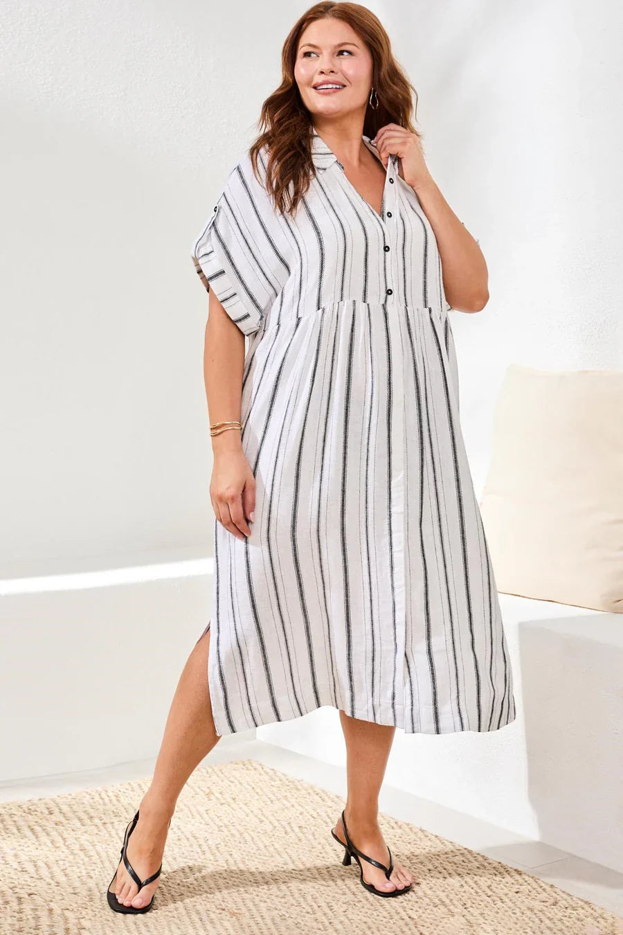 Yarn Dye Stripe Flowy Shirt Dress