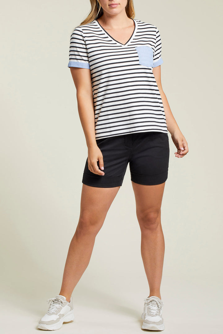 Striped Short Sleeve V-Neck Top With Pocket