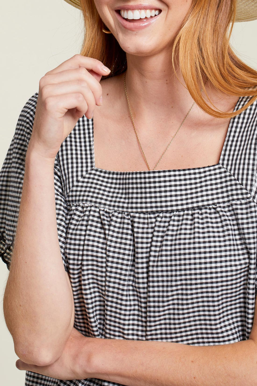 Square-Neck Checkered Short Sleeve Blouse