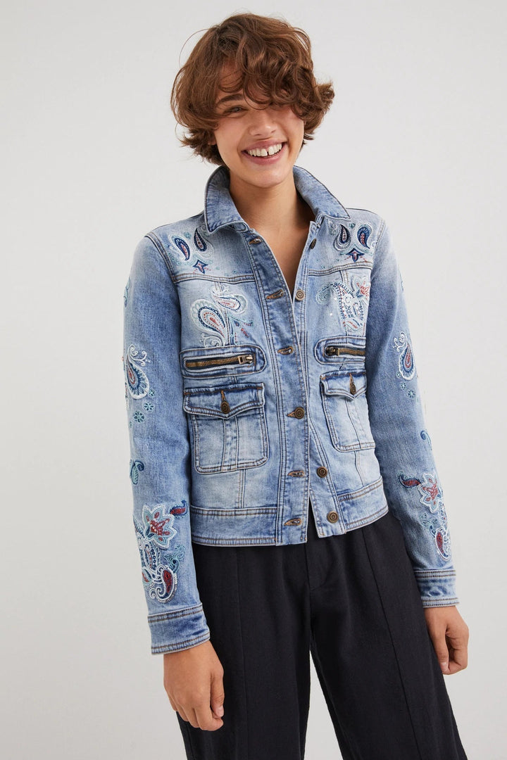 Embroidered Paisley Zip Jean Jacket