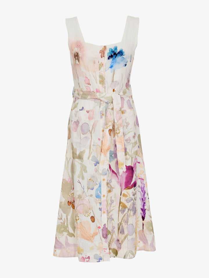 Floral Sleeveless Tie Belt Linen Dress