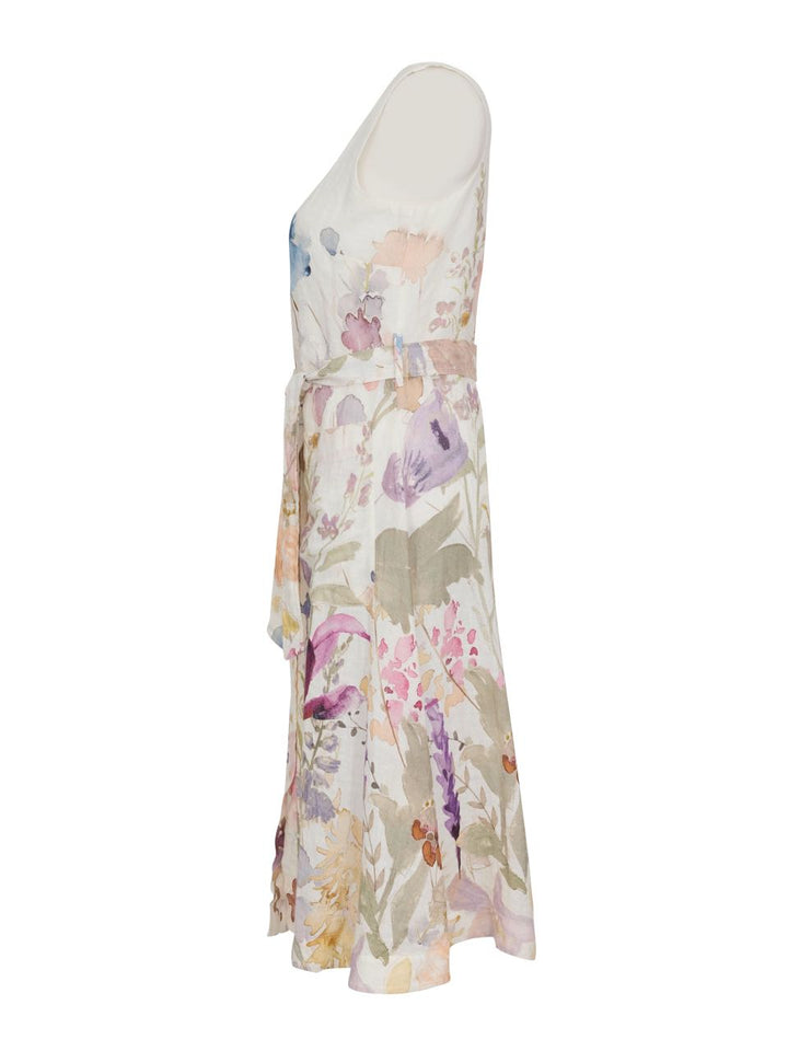 Floral Sleeveless Tie Belt Linen Dress