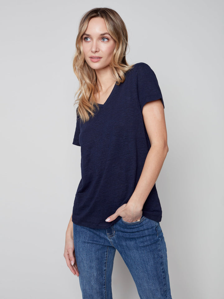 Linen Jersey V-Neck T Shirt