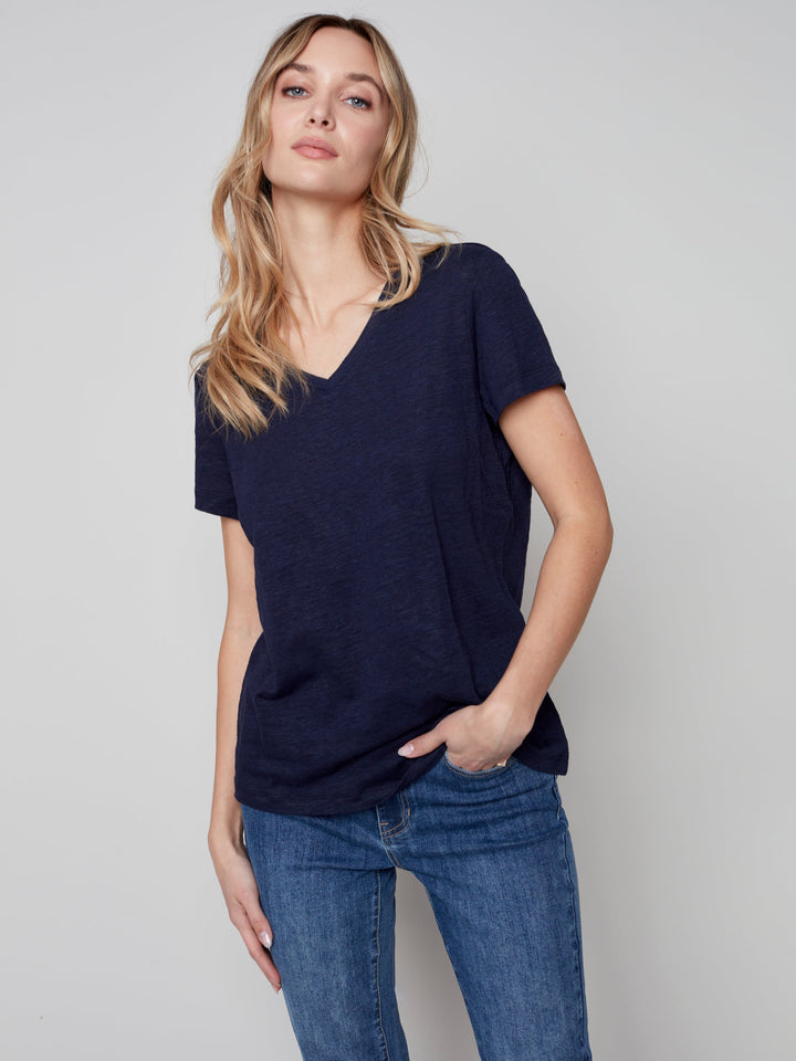Linen Jersey V-Neck T Shirt
