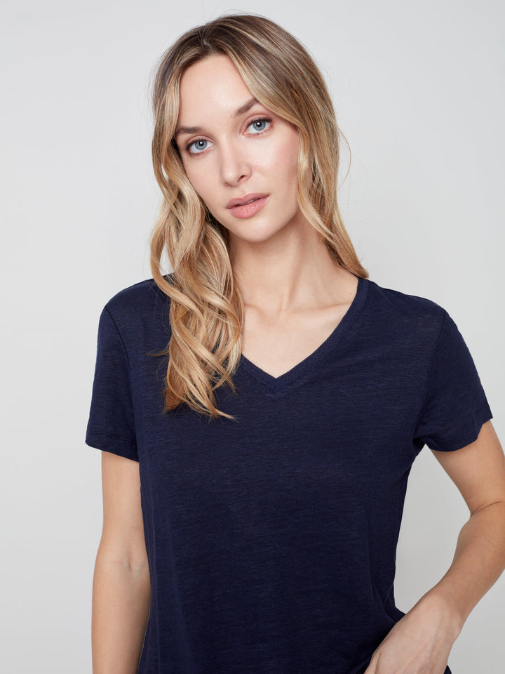 Linen Jersey V-Neck T Shirt