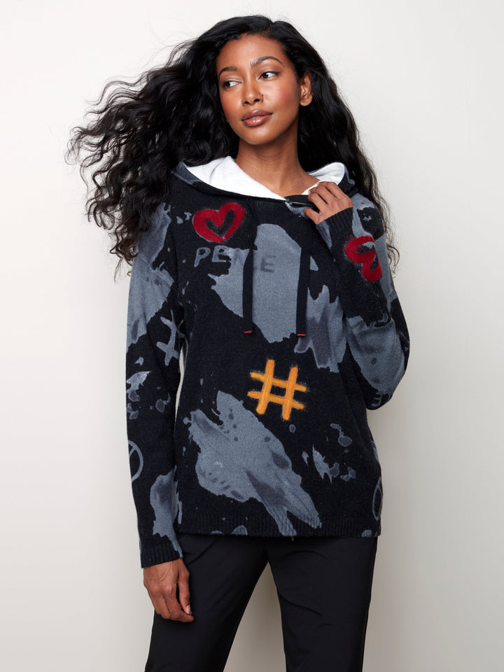 Abstract Hooded Knit Sweater