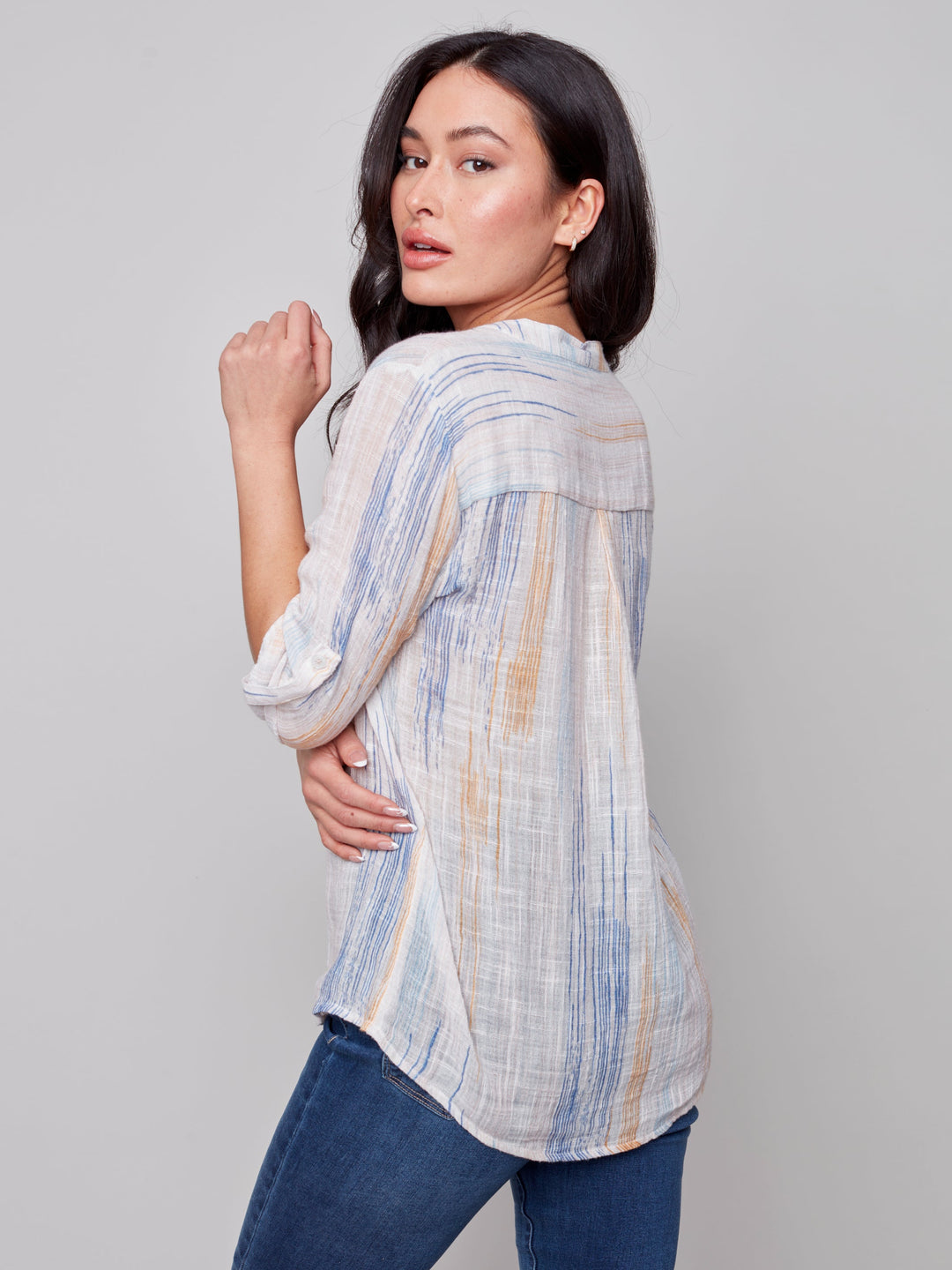 Cotton Gauze Roll Sleeve V-Neck Top