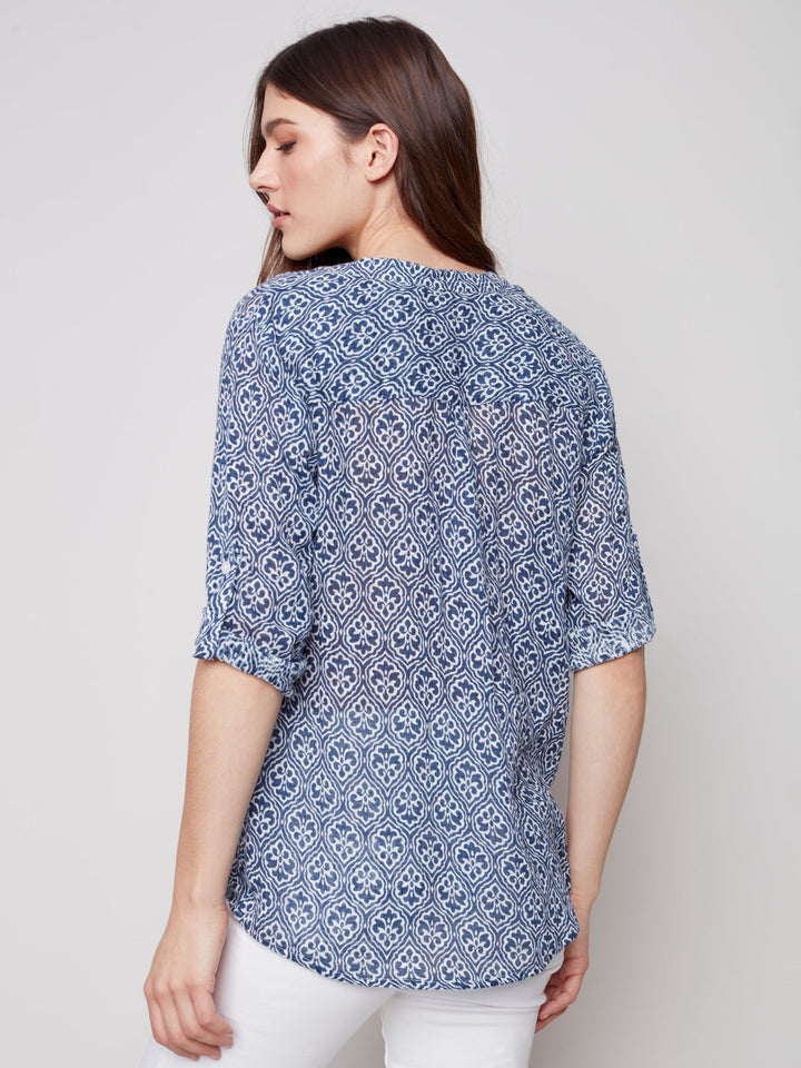 Cotton Gauze Roll Sleeve Print Top