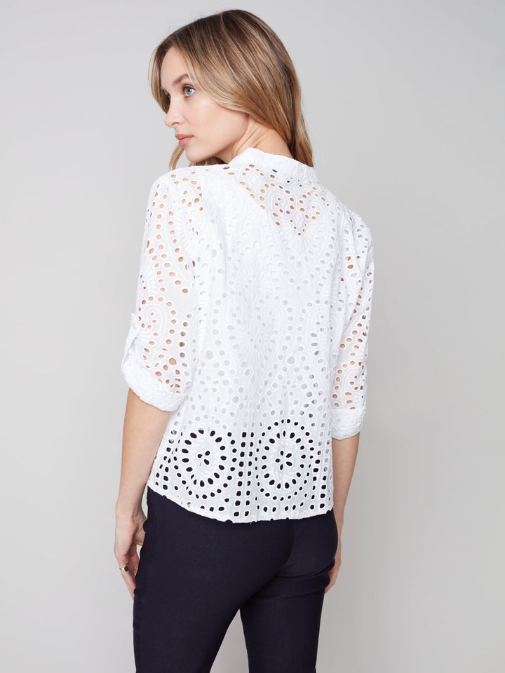 Roll Sleeve Eyelet Top With Front Tie