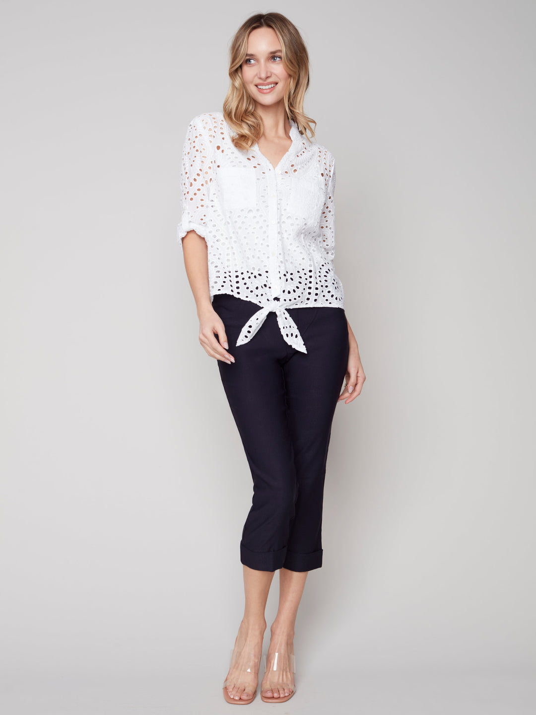 Roll Sleeve Eyelet Top With Front Tie