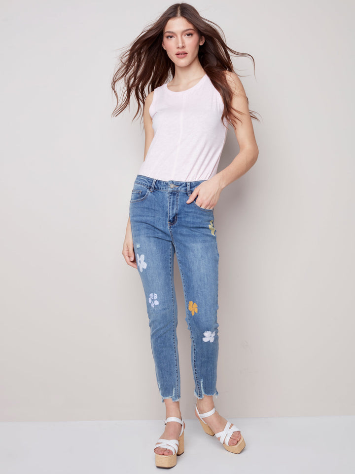 Stretch Slim Leg Flower Print Jean