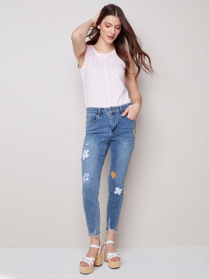 Stretch Slim Leg Flower Print Jean