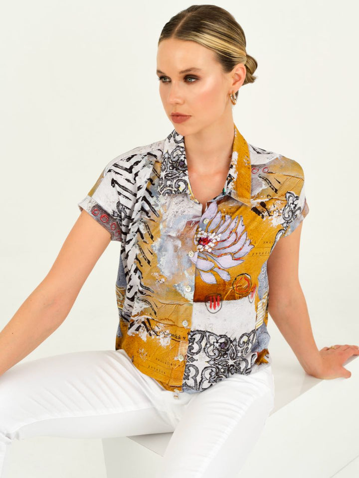 Cap Sleeve Print Button Front Shirt